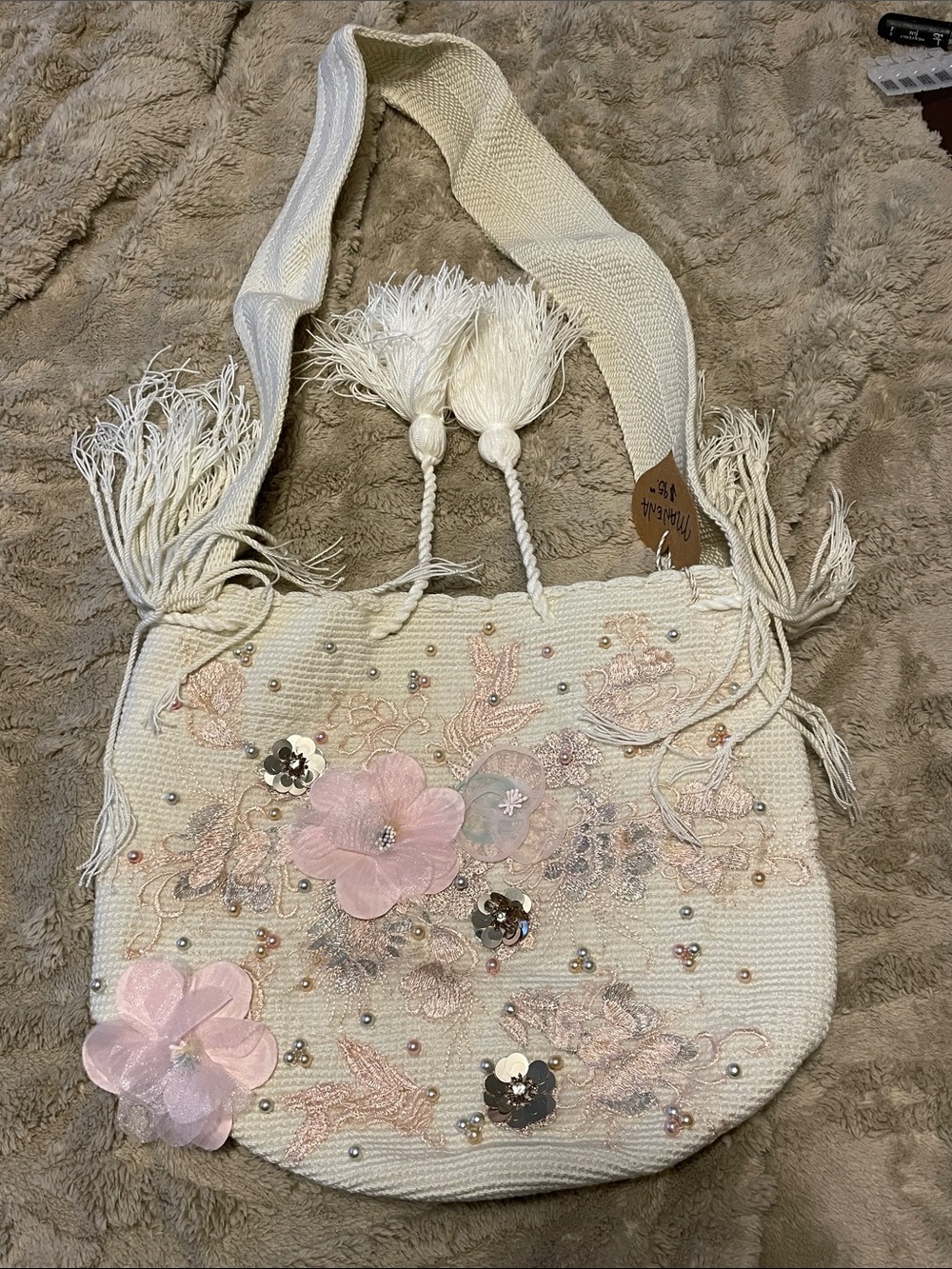 Women's Cream Floral Embellished Shoulder Bag